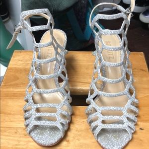Schutz sparkly silver strappy heels, 6.5.